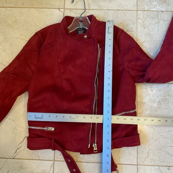 Zara Trafaluc red faux suede biker jacket, multiple zippers, belted waist. Sz S - Picture 13 of 13